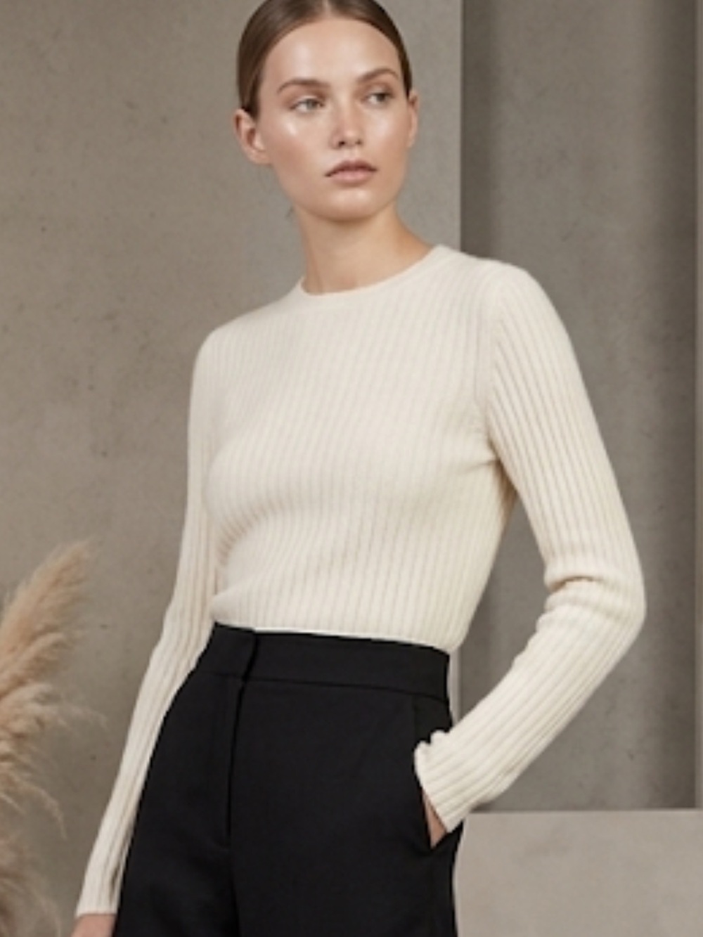 NakedCashmere Ivory Ribbed Fitted Cashmere Crew Sweater XS